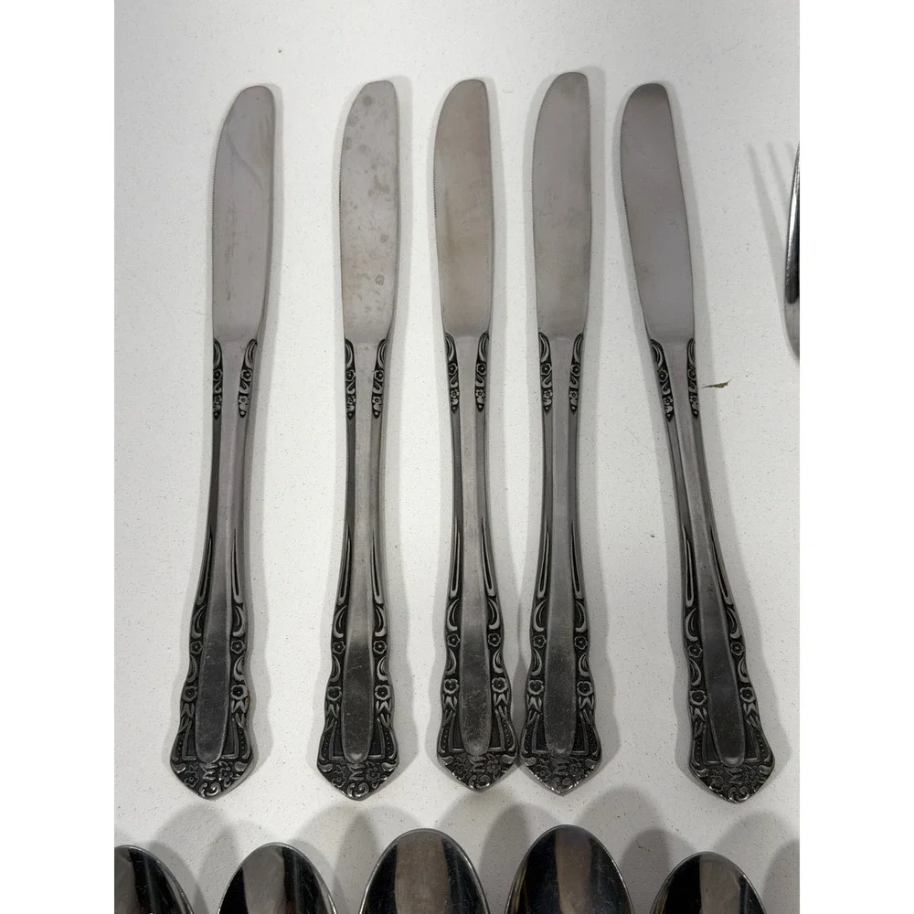 Vintage Ornate Floral Stainless Steel Flatware Set 37 Pieces Knives Forks Spoons